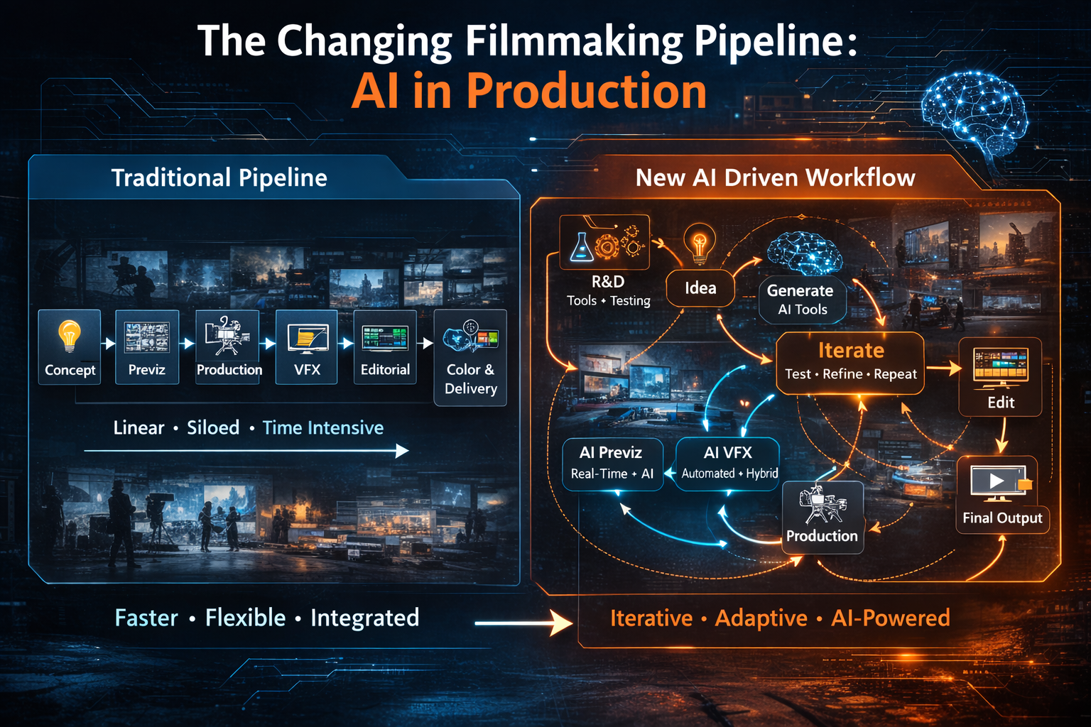 AI changing filmmaking pipeline with previz, VFX, and production workflows connected through artificial intelligence tools